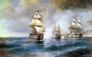 Бриг "Меркурий", атакованный двумя турецкими кораблями. Художник Иван Айвазовский (1892)