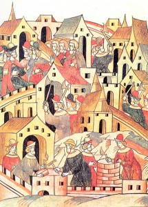 Городское строительство в Москве конца 14 века. Миниатюра летописного свода. 16 век