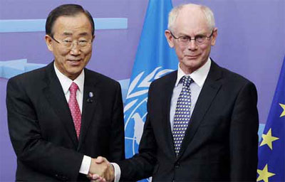 Генеральный секретарь ООН Пан Ги Мун и Генеральный секретарь Европейского союза Герман ван Ромпей.