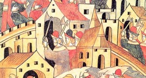 Городское строительство в Москве конца 14 века. Миниатюра летописного свода. 16 век